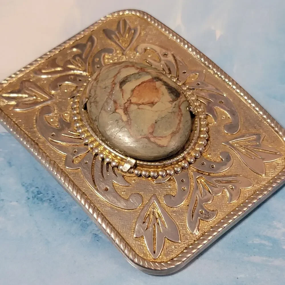 Vintage Brassy Silver-tone Large Belt Buckle‎ Agate 3.75